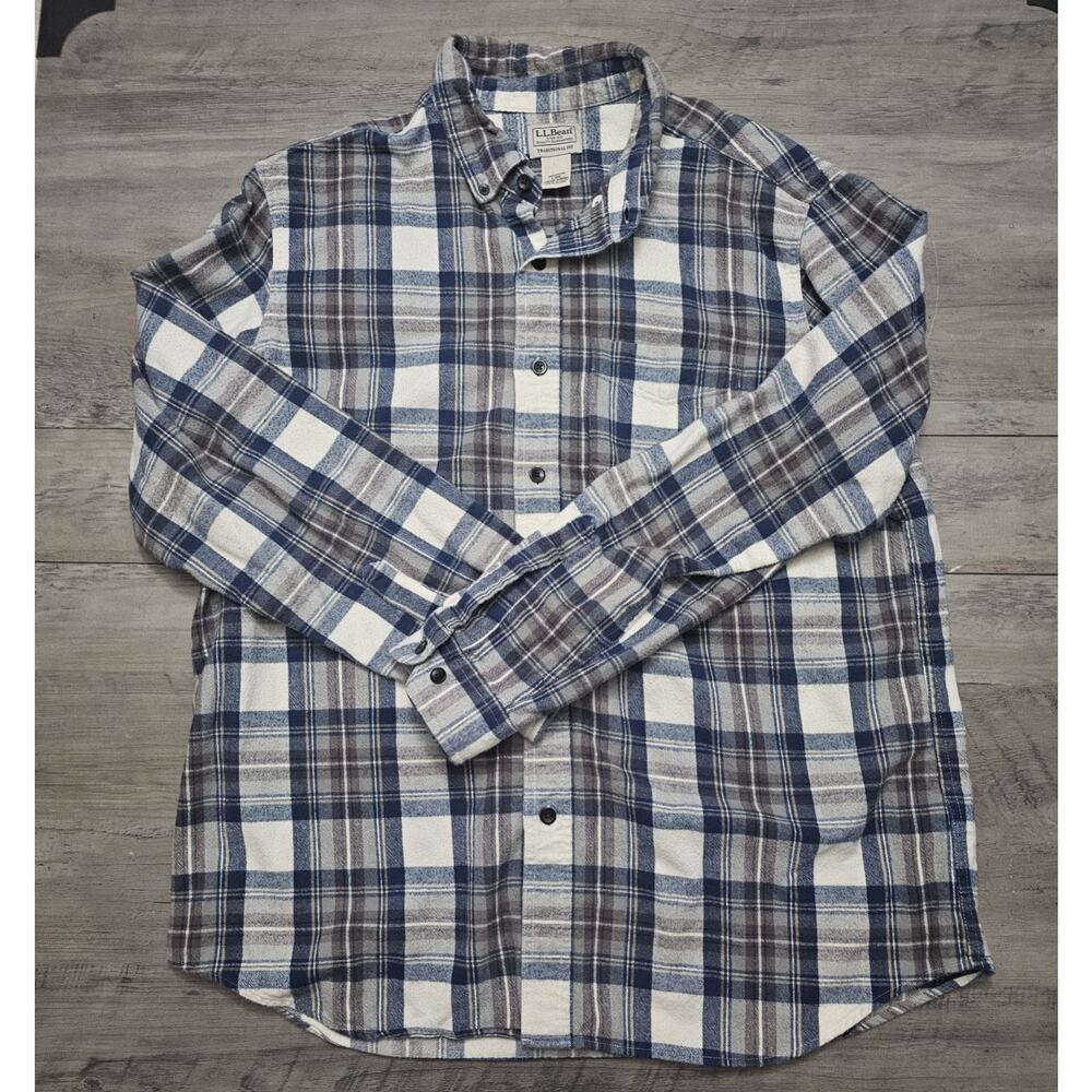 L.L.Bean Men’s L Flannel Shirt Grey Blue Brown Plaid Long Sleeve 100% Cotton